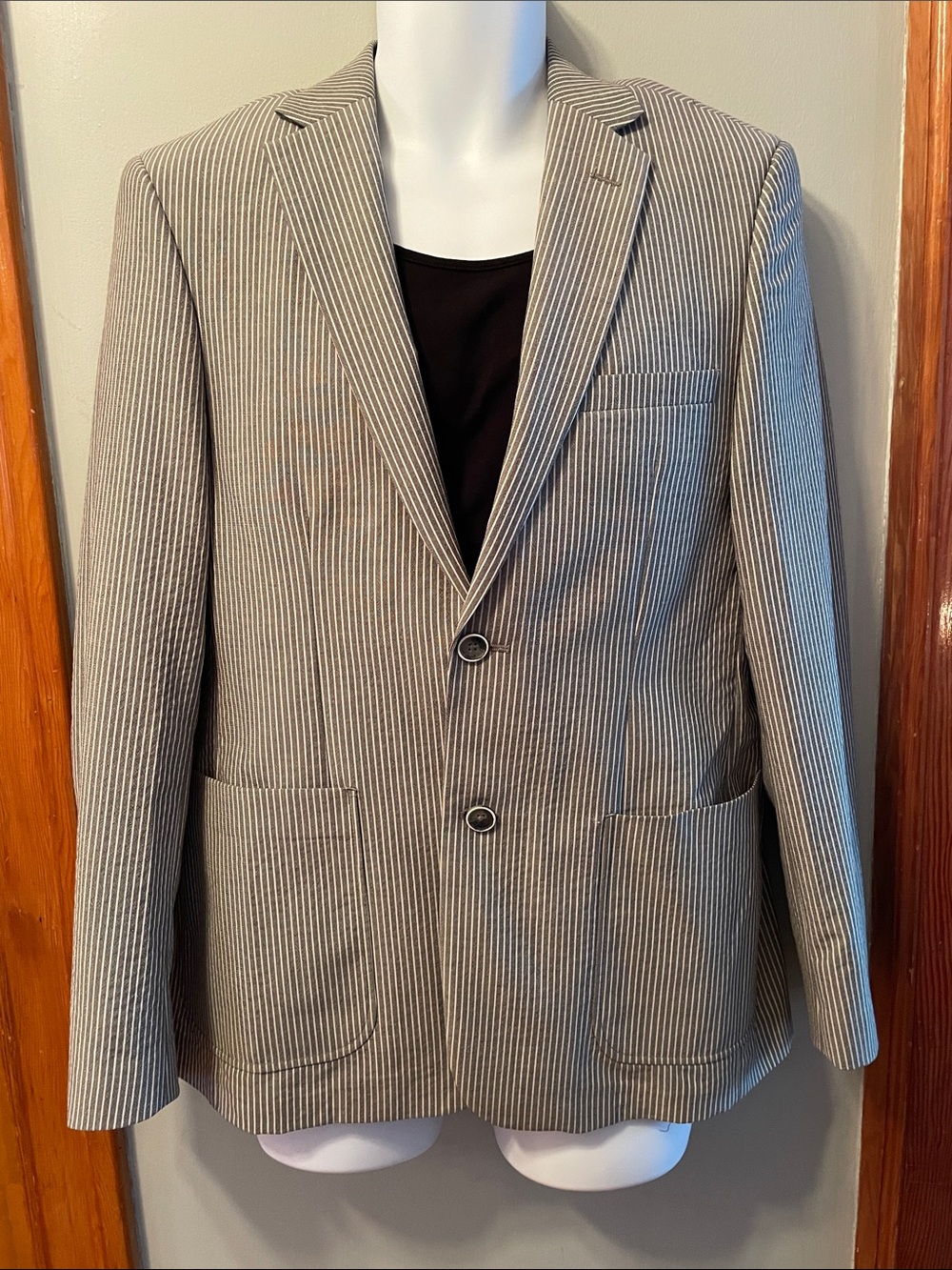 MARC MARTIN Wool-Blend Striped Gray Classic Two-Button Office Casual Blazer